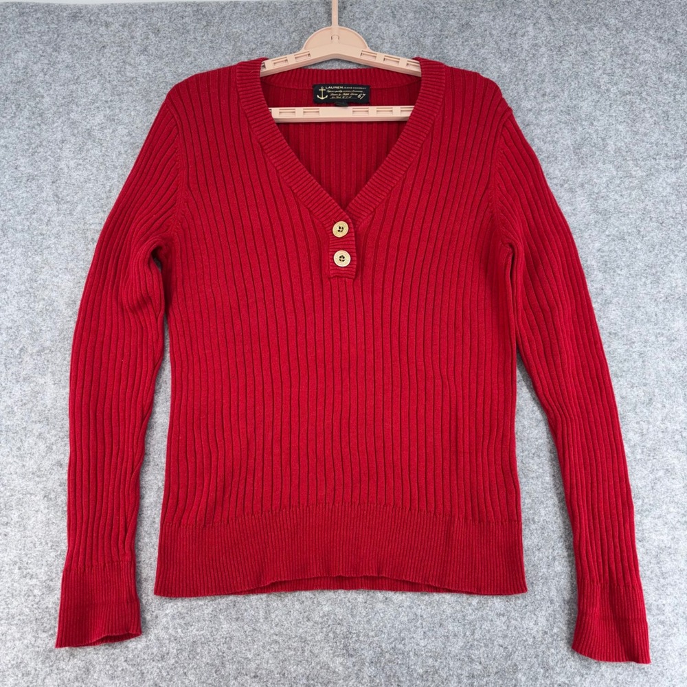 Lauren Jean Co Ralph Lauren Red Ribbed Knit V-Neck Henley Sweater Large Cotton